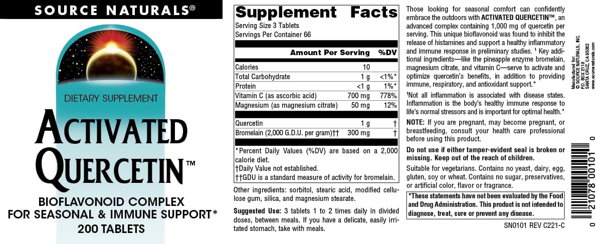 Plant-Derived Quercetin Complex for Seasonal & Immune Defense - 200 Vegetarian Tablets by Source Naturals