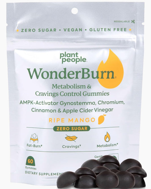Plant People WonderBurn Gummies for Metabolism & Cravings Control - Zero Sugar, Ripe Mango Flavor (60 Count)