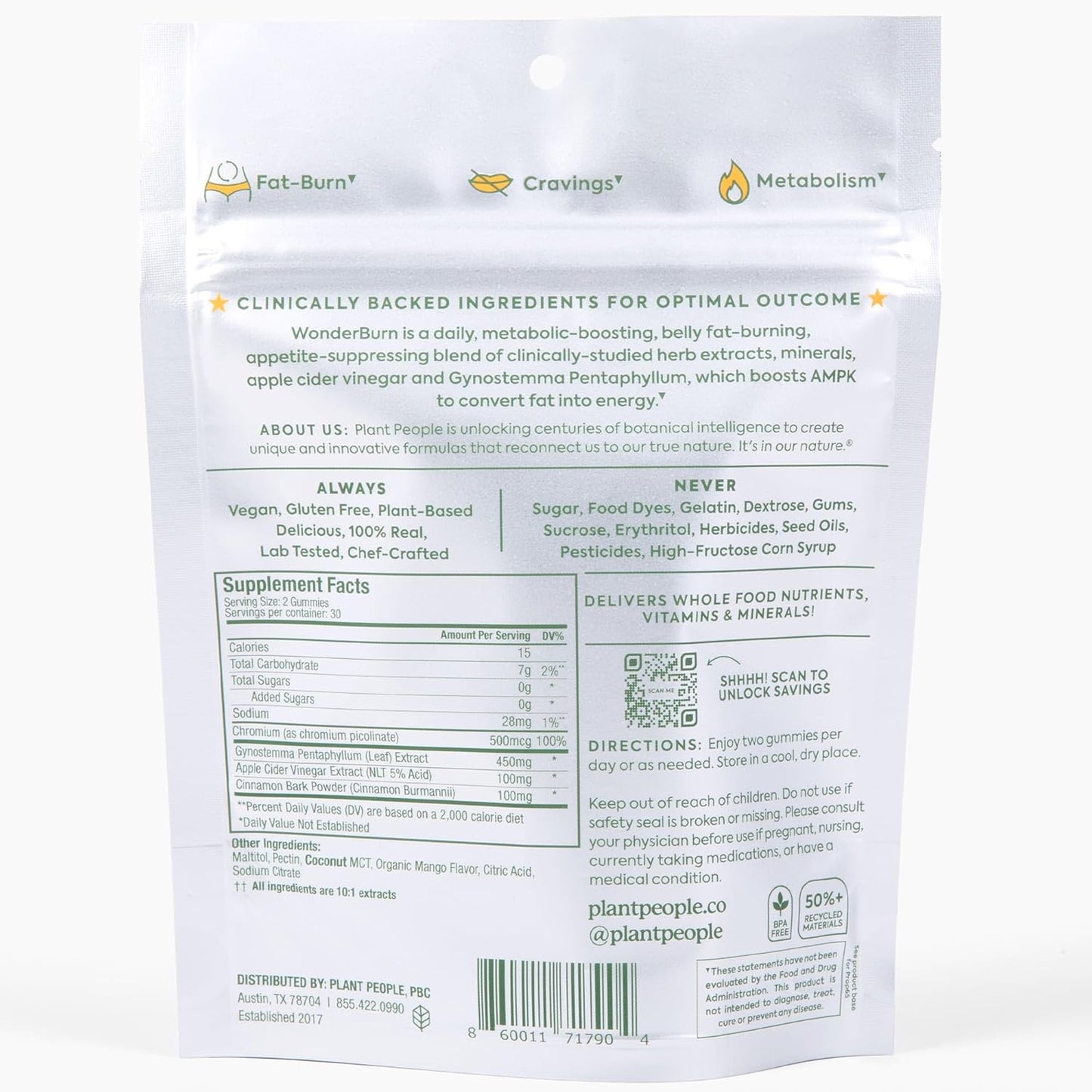 Plant People WonderBurn Gummies for Metabolism & Cravings Control - Zero Sugar, Ripe Mango Flavor (60 Count)