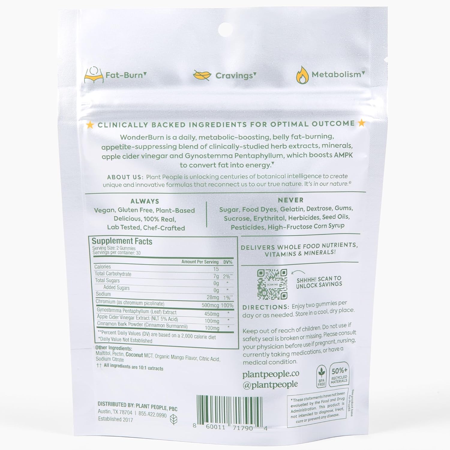 Plant People WonderBurn Gummies for Metabolism & Cravings Control - Zero Sugar, Ripe Mango Flavor (60 Count)