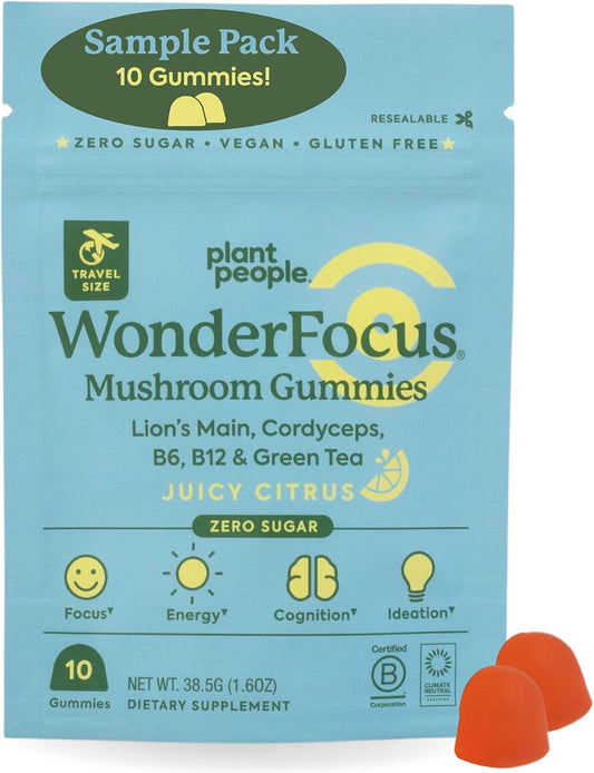 Plant People WonderFocus Mushroom Gummies Mini - Nootropic Brain Supplement with Lion’s Mane & Cordyceps for Memory, Focus, Energy, and Mood - Vegan Citrus Flavor Trial Size