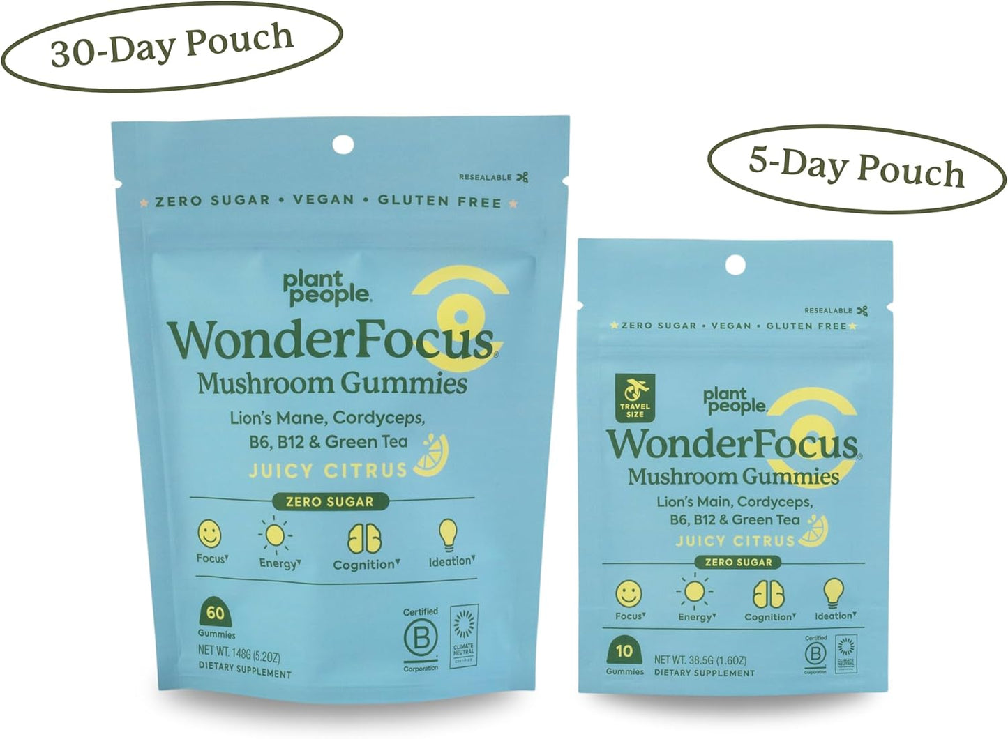 Plant People WonderFocus Mushroom Gummies Mini - Nootropic Brain Supplement with Lion’s Mane & Cordyceps for Memory, Focus, Energy, and Mood - Vegan Citrus Flavor Trial Size