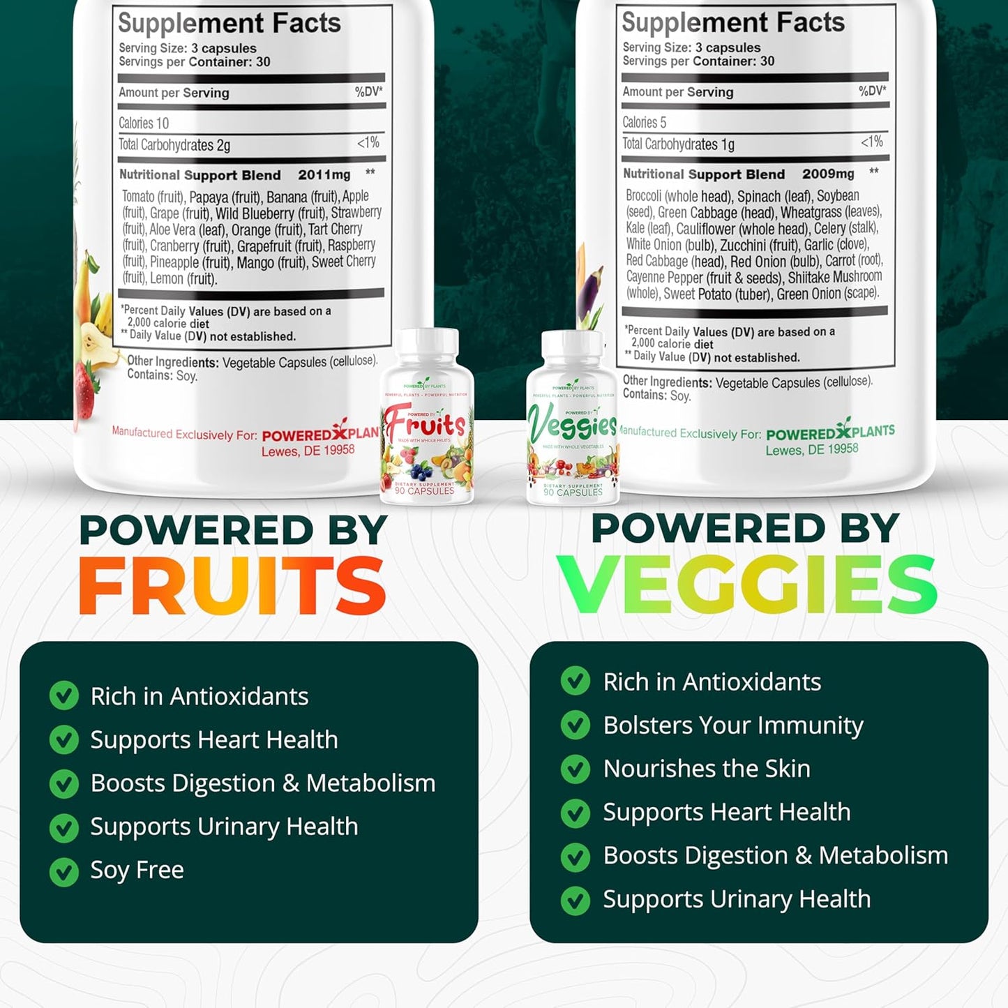 Plant-Powered Daily Fruits and Veggies Supplement - 180 Capsules, Non-GMO & Gluten-Free, Natural Vitamins - 2-Pack, 30 Days