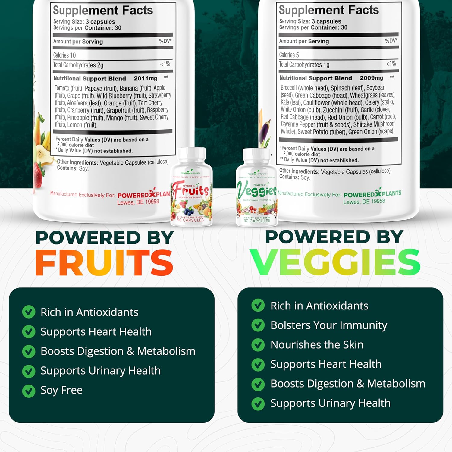 Plant-Powered Daily Fruits and Veggies Supplement - 180 Capsules, Non-GMO & Gluten-Free, Natural Vitamins - 2-Pack, 30 Days