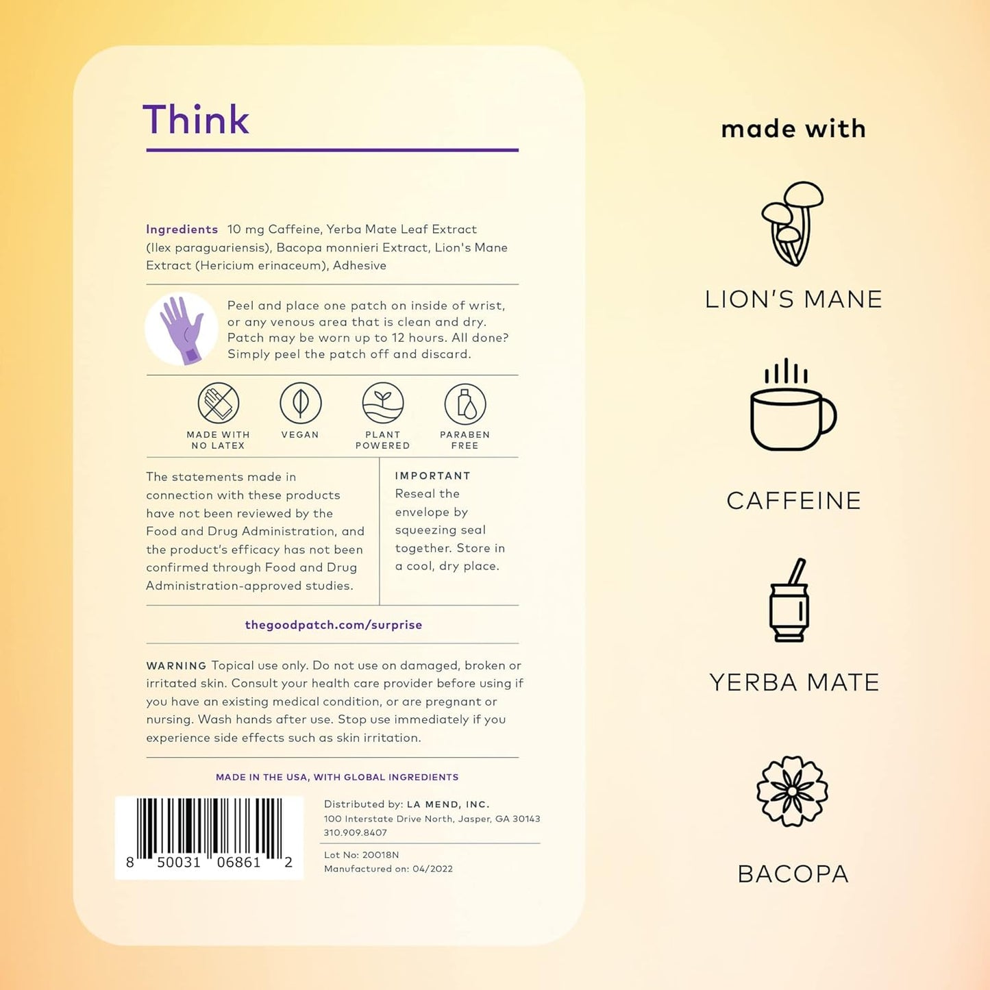 Plant Powered Wellness Patches with Caffeine, Yerba Mate, Bacopa, Lion’s Mane - 16 Patches