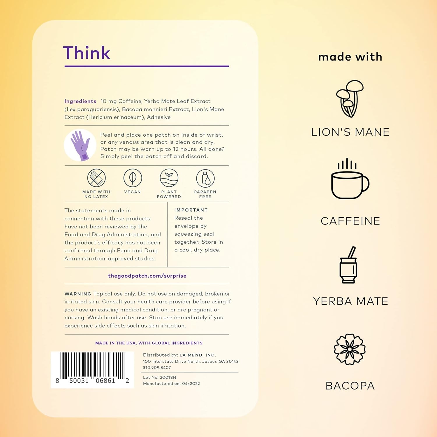 Plant Powered Wellness Patches with Caffeine, Yerba Mate, Bacopa, Lion’s Mane - 16 Patches