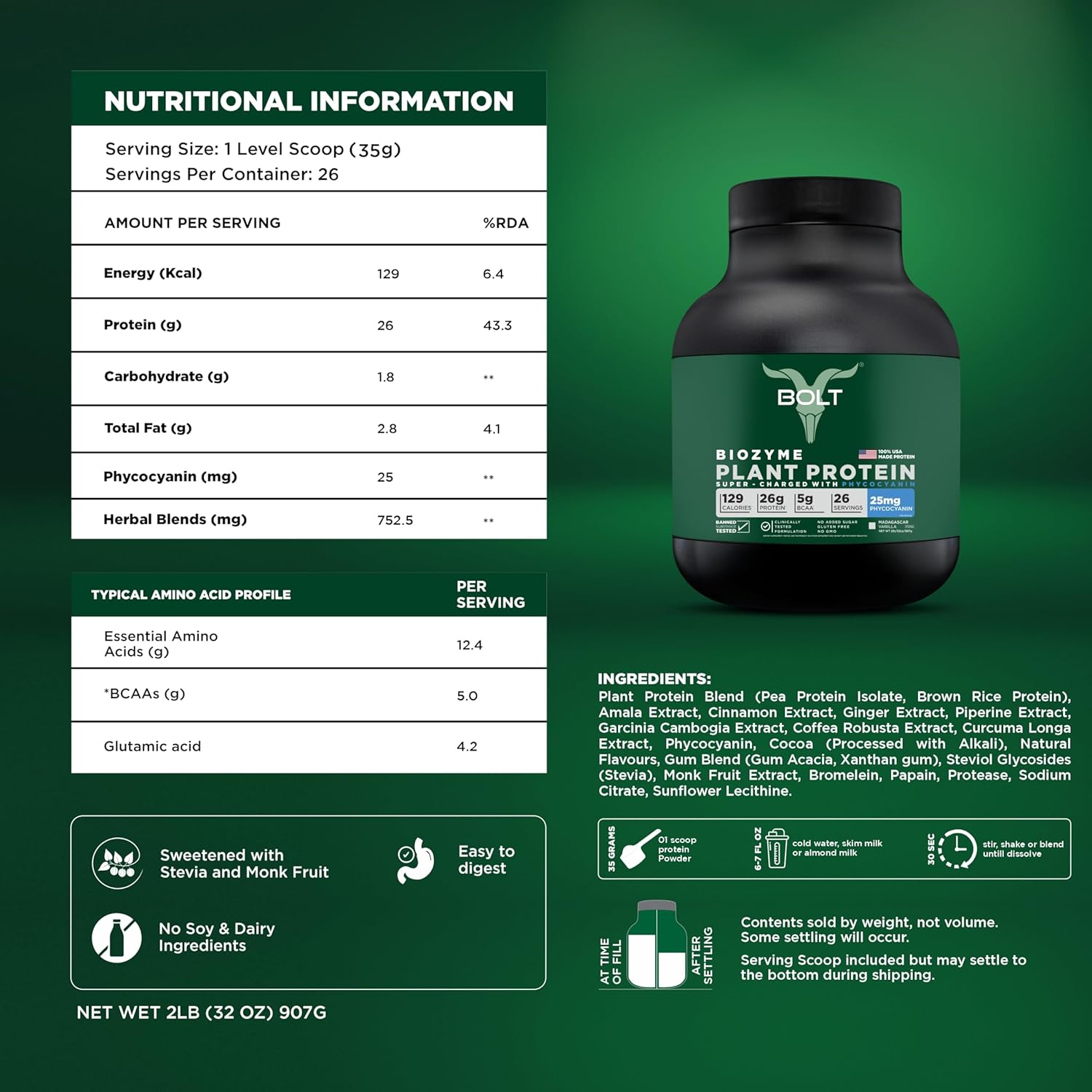Plant Protein with Superfood PHYCOCYANIN & Ayurvedic Herbs for Muscle Support & Recovery, Madagascar Vanilla, 2Lb