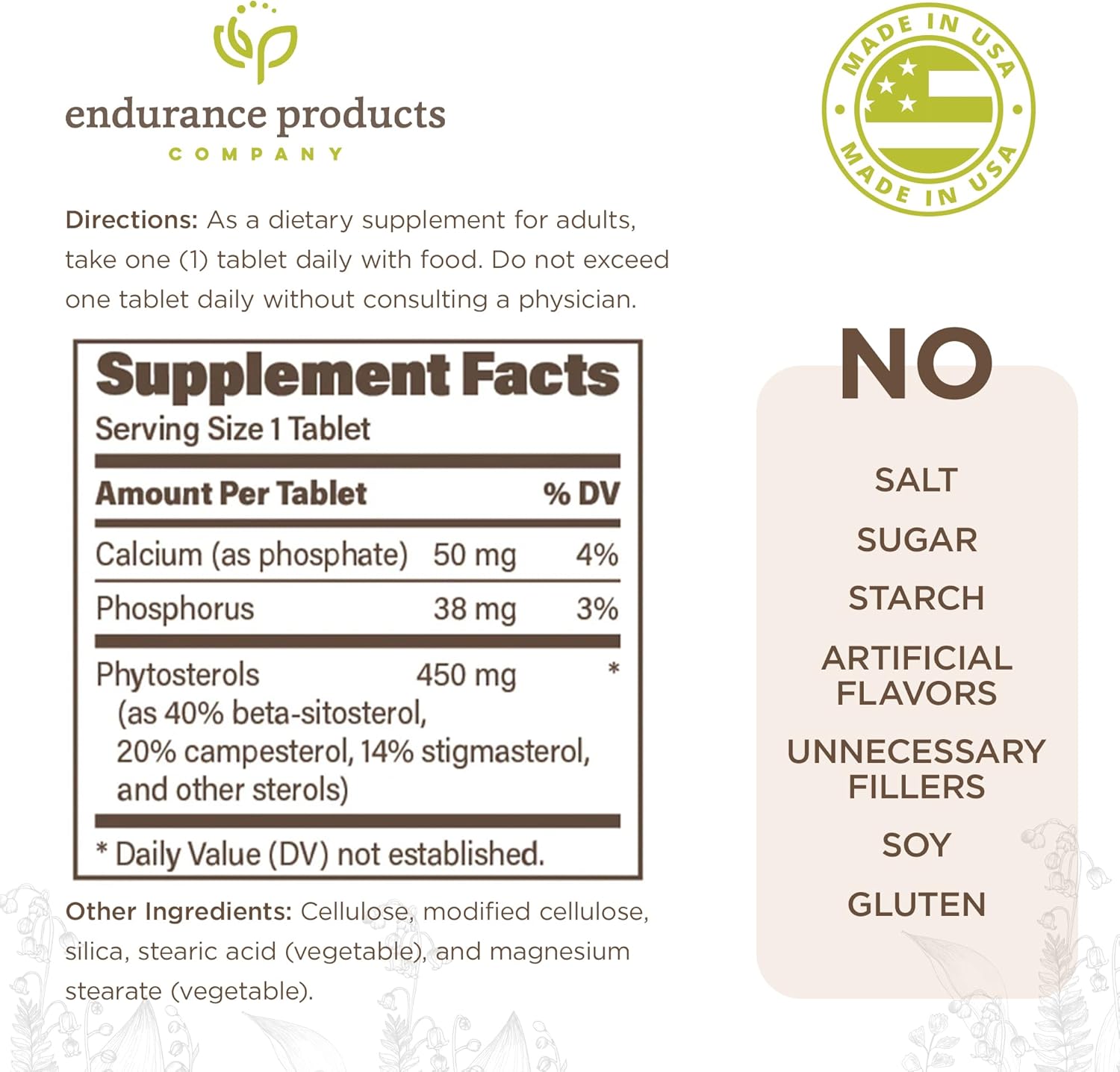 Plant Sterols Supplement for Lowering Cholesterol - Endurance Products Phytosterols, 450mg, 180 Tablets