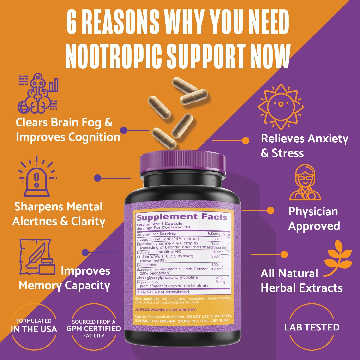 Plantful Research Nootropic Brain Supplement for Adults | Boost Focus, Energy, Memory, and Clarity with Fast-Absorbing Brain Vitamins containing Ginkgo Biloba, St. John's Wort, and Bacopa Monnieri