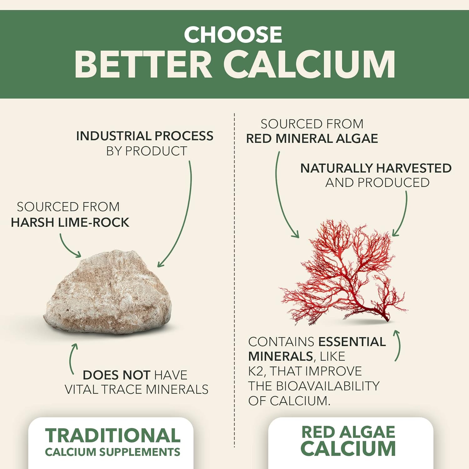 PlantFusion Vegan Calcium Tablets with Icelandic Red Algae - 1000mg, Magnesium, D3, K2, Boron - 90 Tablets