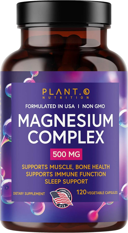 Plant.O Premium Magnesium Supplement 500mg - Vegan Oxide & Citrate for Sleep, Calm, Muscle Relaxer, Natural Energy - Non-GMO, High Absorption Complex - 120 Veggie Capsules