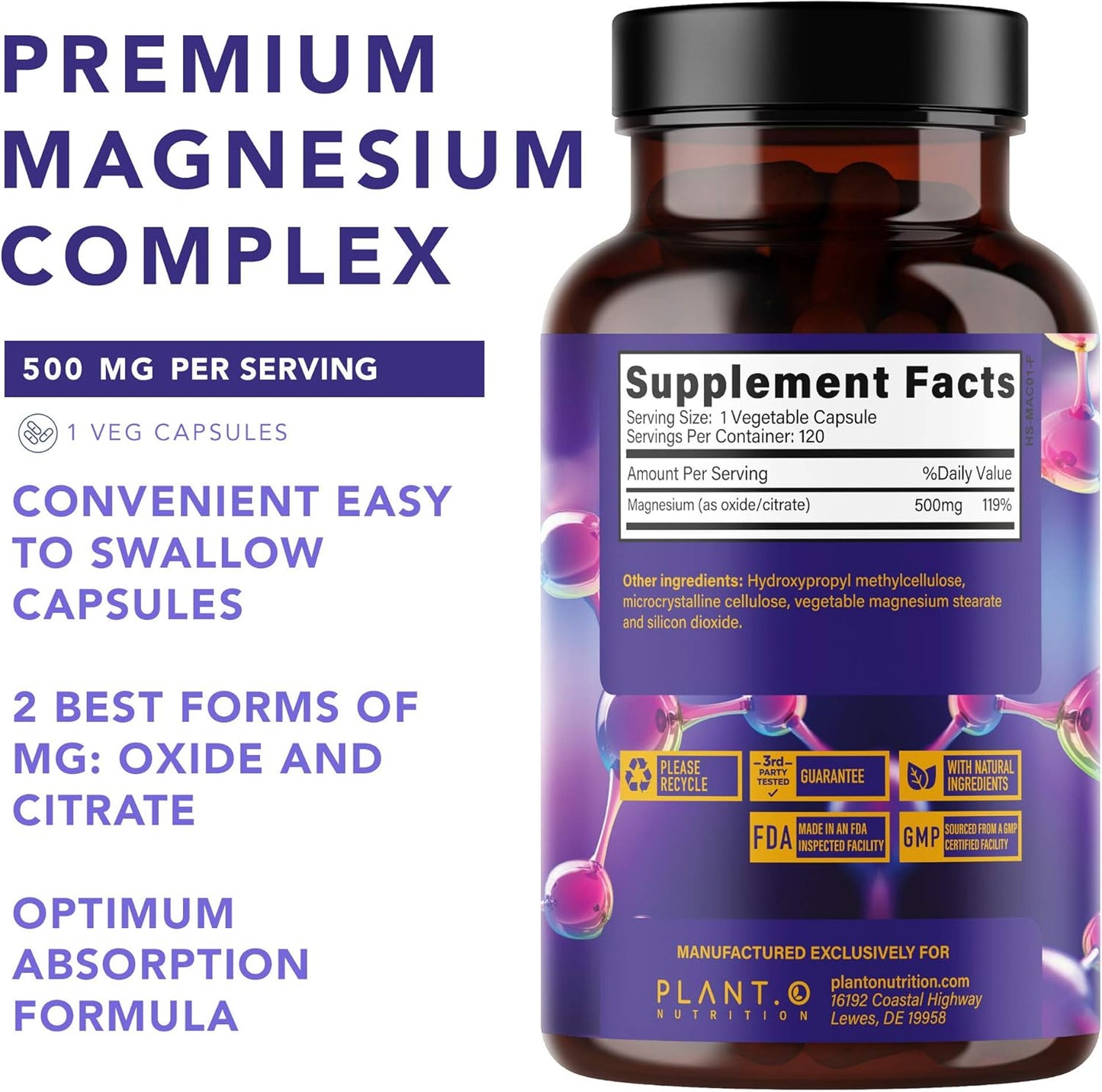 Plant.O Premium Magnesium Supplement 500mg - Vegan Oxide & Citrate for Sleep, Calm, Muscle Relaxer, Natural Energy - Non-GMO, High Absorption Complex - 120 Veggie Capsules