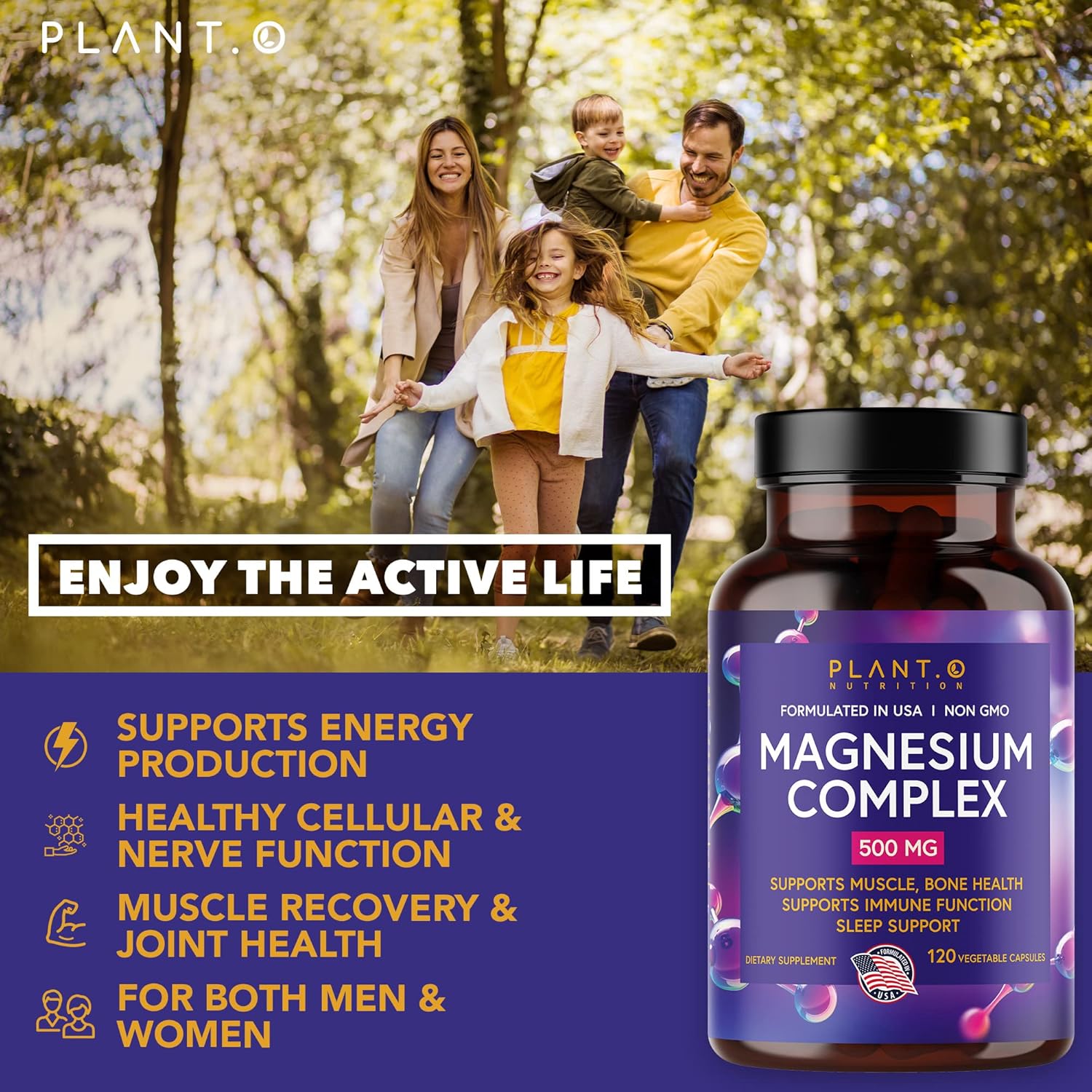 Plant.O Premium Magnesium Supplement 500mg - Vegan Oxide & Citrate for Sleep, Calm, Muscle Relaxer, Natural Energy - Non-GMO, High Absorption Complex - 120 Veggie Capsules