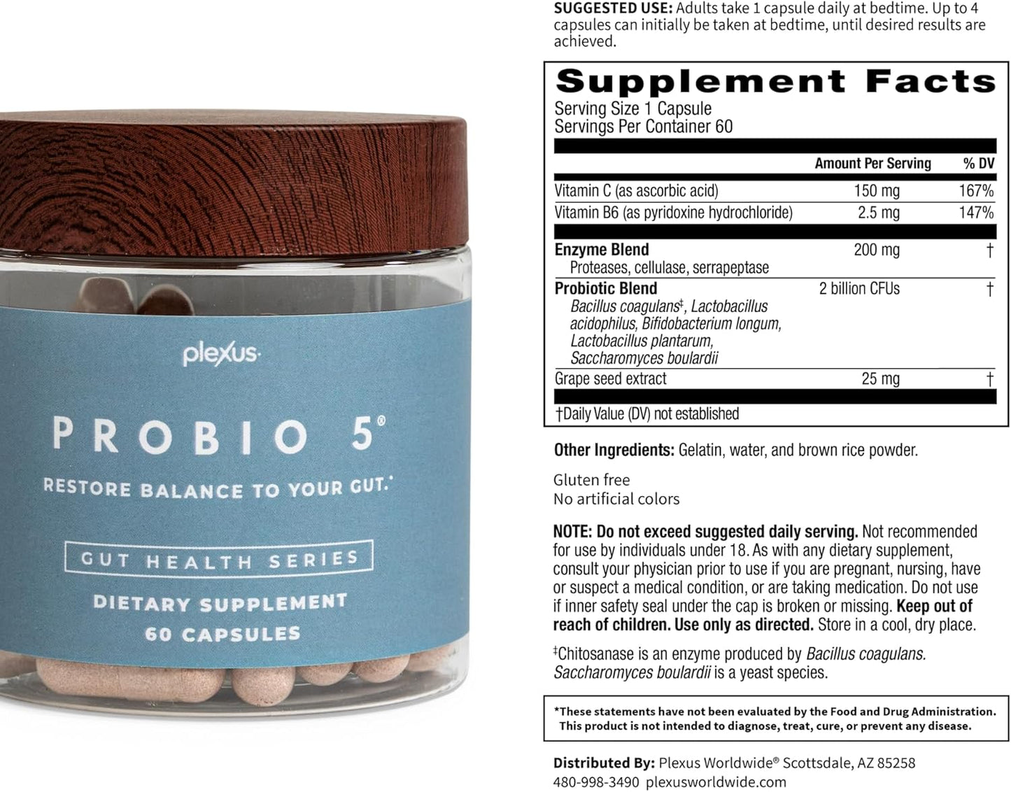 Plexus ProBio 5 Capsules - 60 Count - Supports Gut Health and Digestive Balance