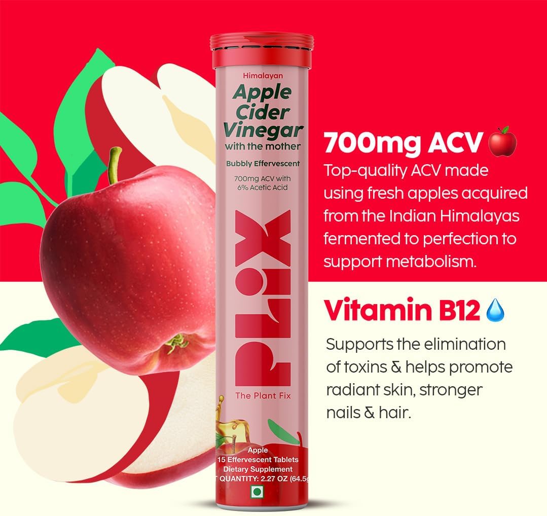 PLIX Apple Cider Vinegar Effervescent Tablets with The Mother, 700mg ACV, VIT B12, B6 - Pack of 8 (Vegan, No Sugar, Non-GMO)