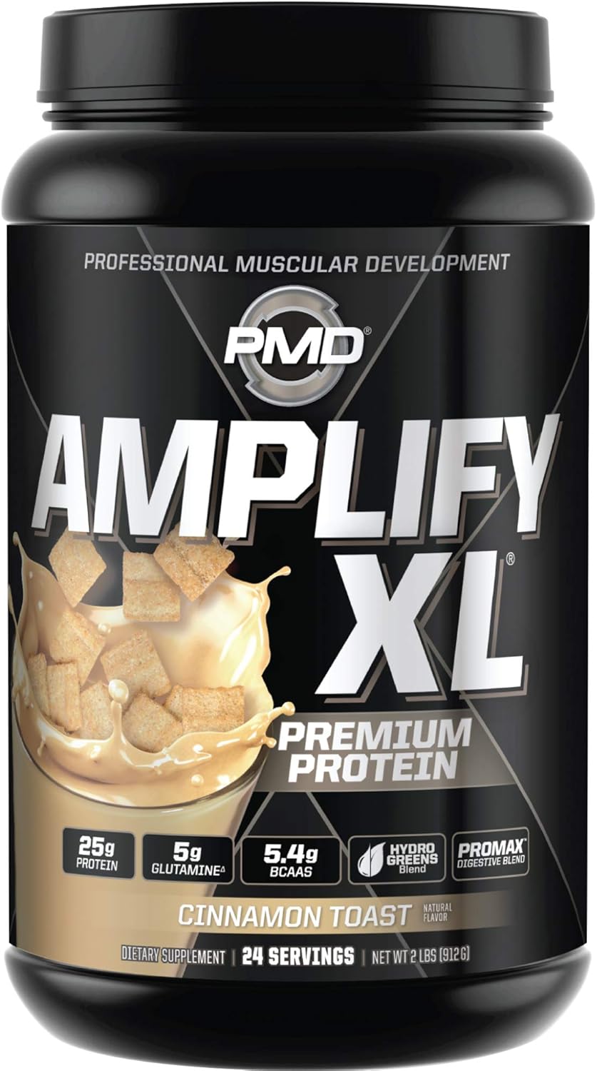 PMD Sports Amplify XL Premium Whey Protein Supplement with Hydro Greens Blend - Cinnamon Toast Flavor - Muscle Recovery and Strength Support