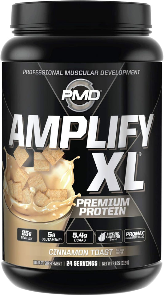 PMD Sports Amplify XL Premium Whey Protein Supplement with Hydro Greens Blend - Cinnamon Toast Flavor - Muscle Recovery and Strength Support