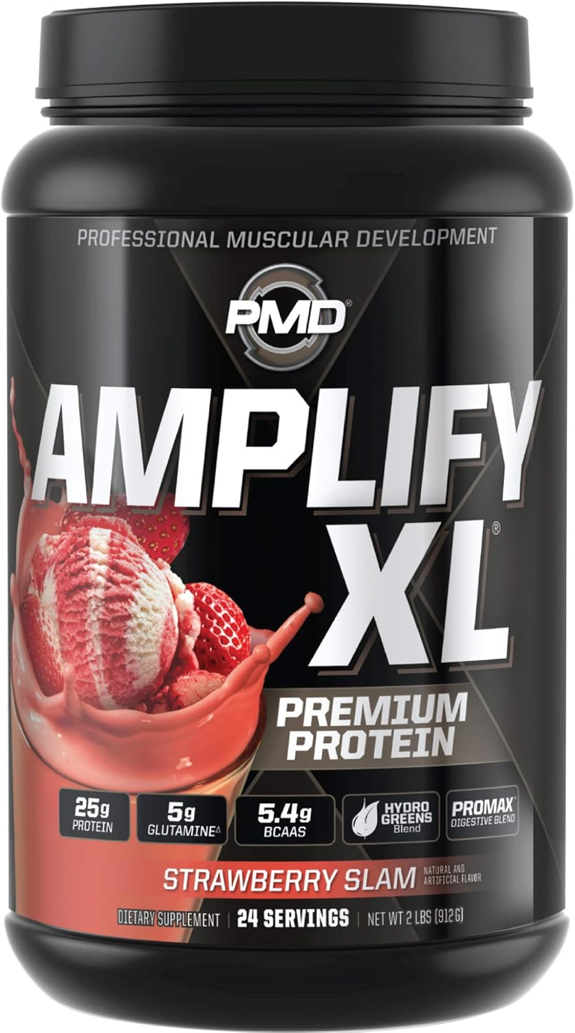 PMD Sports Amplify XL Premium Whey Protein Supplement with Hydro Greens Blend - Strawberry Slam Flavor for Muscle Recovery and Strength (24 Servings)
