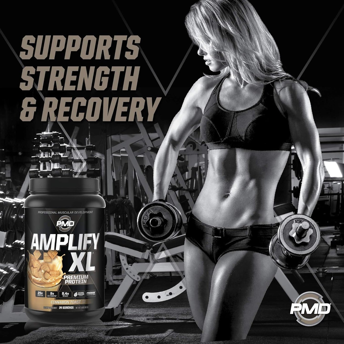 PMD Sports Amplify XL Premium Whey Protein Supplement with Hydro Greens Blend - Cinnamon Toast Flavor - Muscle Recovery and Strength Support