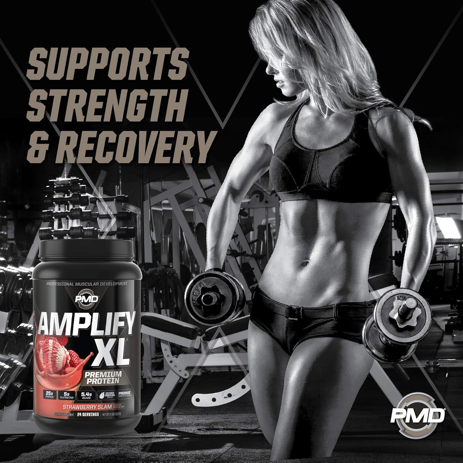 PMD Sports Amplify XL Premium Whey Protein Supplement with Hydro Greens Blend - Strawberry Slam Flavor for Muscle Recovery and Strength (24 Servings)