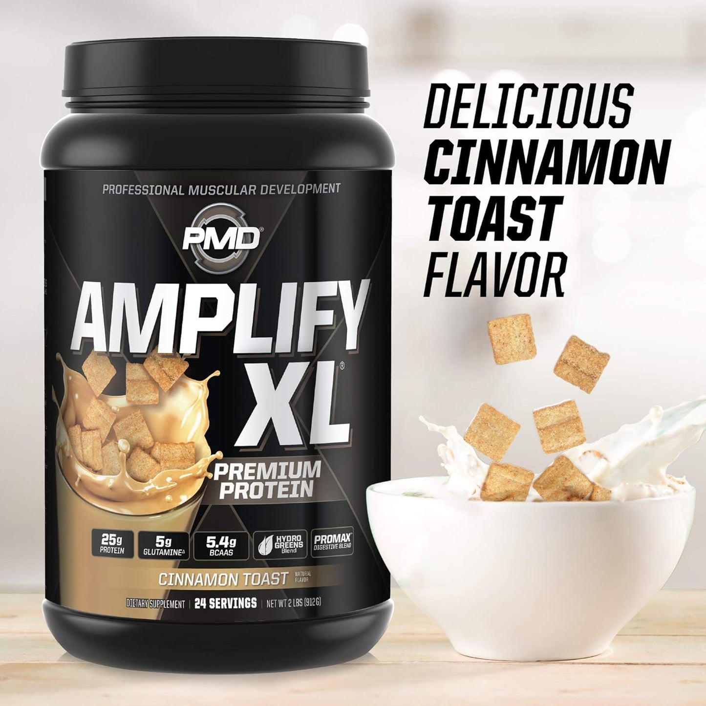 PMD Sports Amplify XL Premium Whey Protein Supplement with Hydro Greens Blend - Cinnamon Toast Flavor - Muscle Recovery and Strength Support