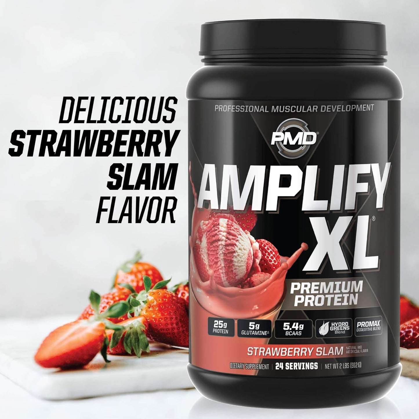 PMD Sports Amplify XL Premium Whey Protein Supplement with Hydro Greens Blend - Strawberry Slam Flavor for Muscle Recovery and Strength (24 Servings)