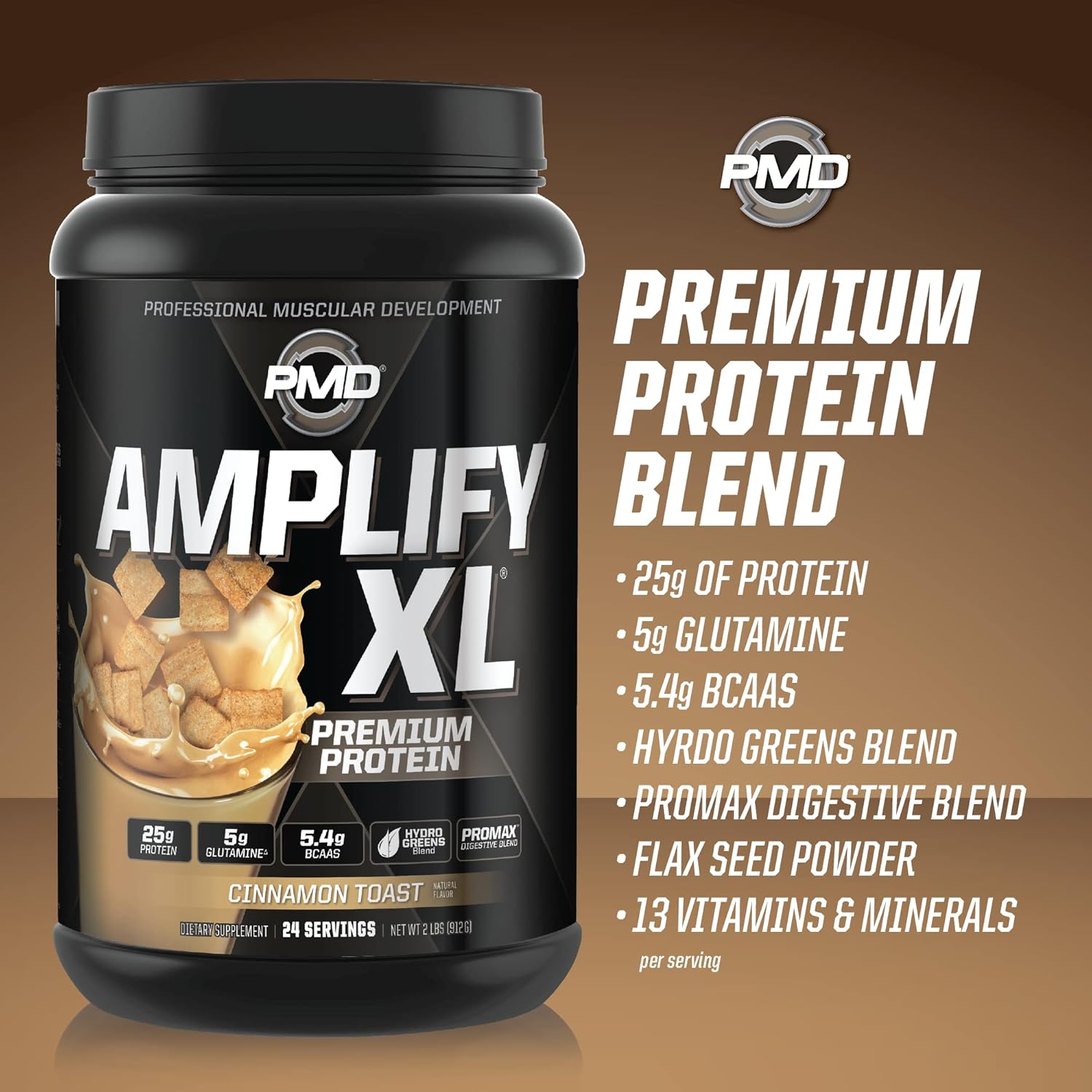 PMD Sports Amplify XL Premium Whey Protein Supplement with Hydro Greens Blend - Cinnamon Toast Flavor - Muscle Recovery and Strength Support