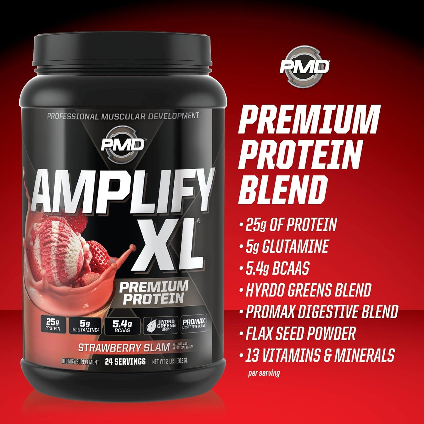 PMD Sports Amplify XL Premium Whey Protein Supplement with Hydro Greens Blend - Strawberry Slam Flavor for Muscle Recovery and Strength (24 Servings)