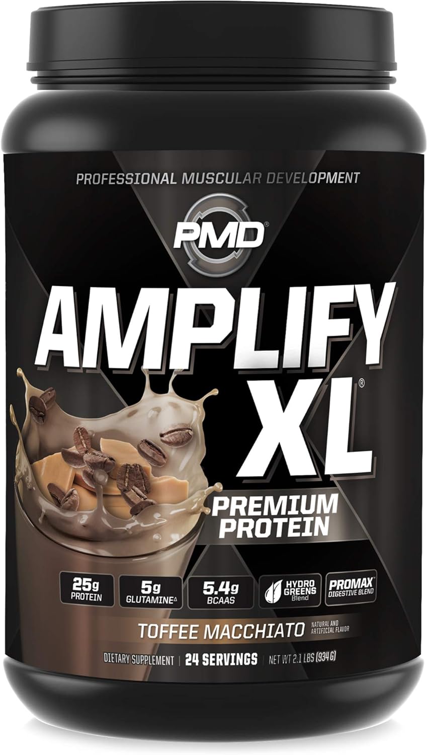 PMD Sports Amplify XL Toffee Macchiato Protein Supplement with Glutamine, Superfoods, and Whey - Muscle Recovery and Strength Support (24 Servings)