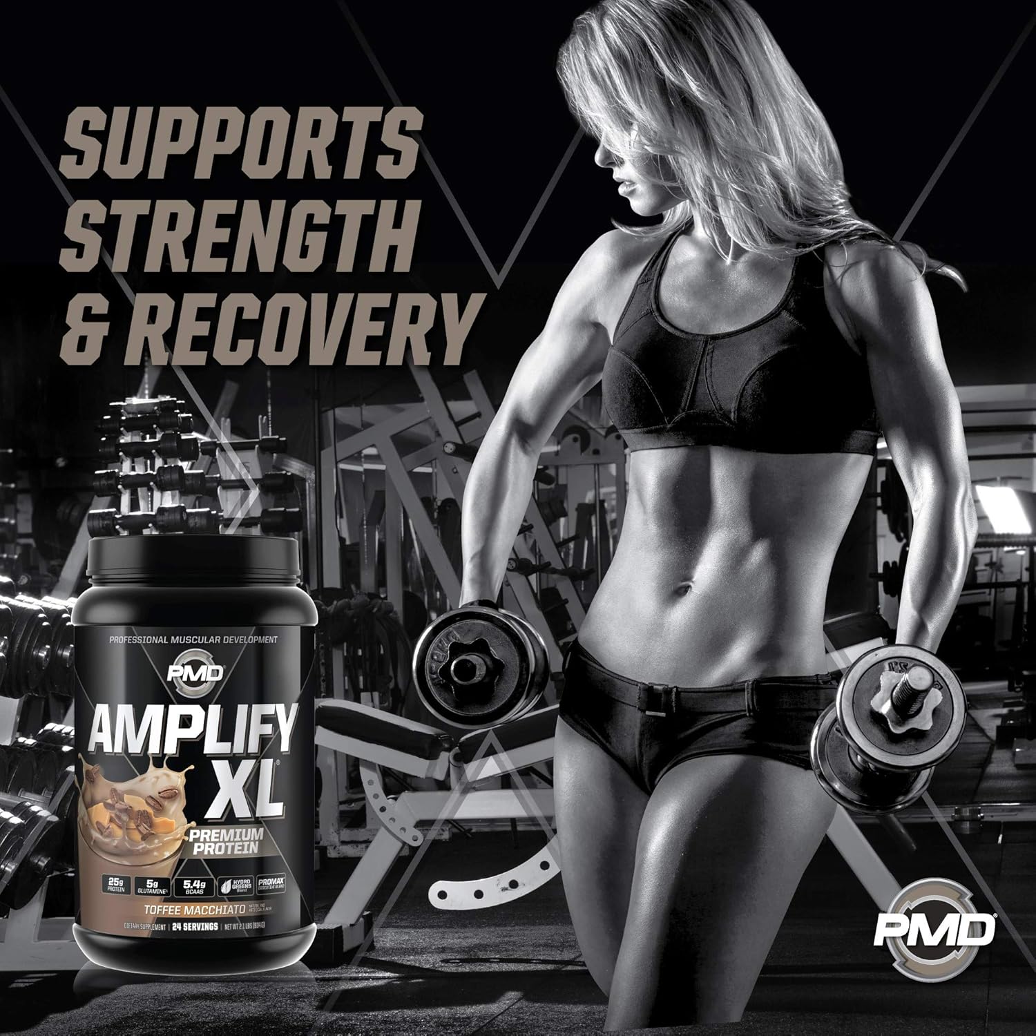 PMD Sports Amplify XL Toffee Macchiato Protein Supplement with Glutamine, Superfoods, and Whey - Muscle Recovery and Strength Support (24 Servings)
