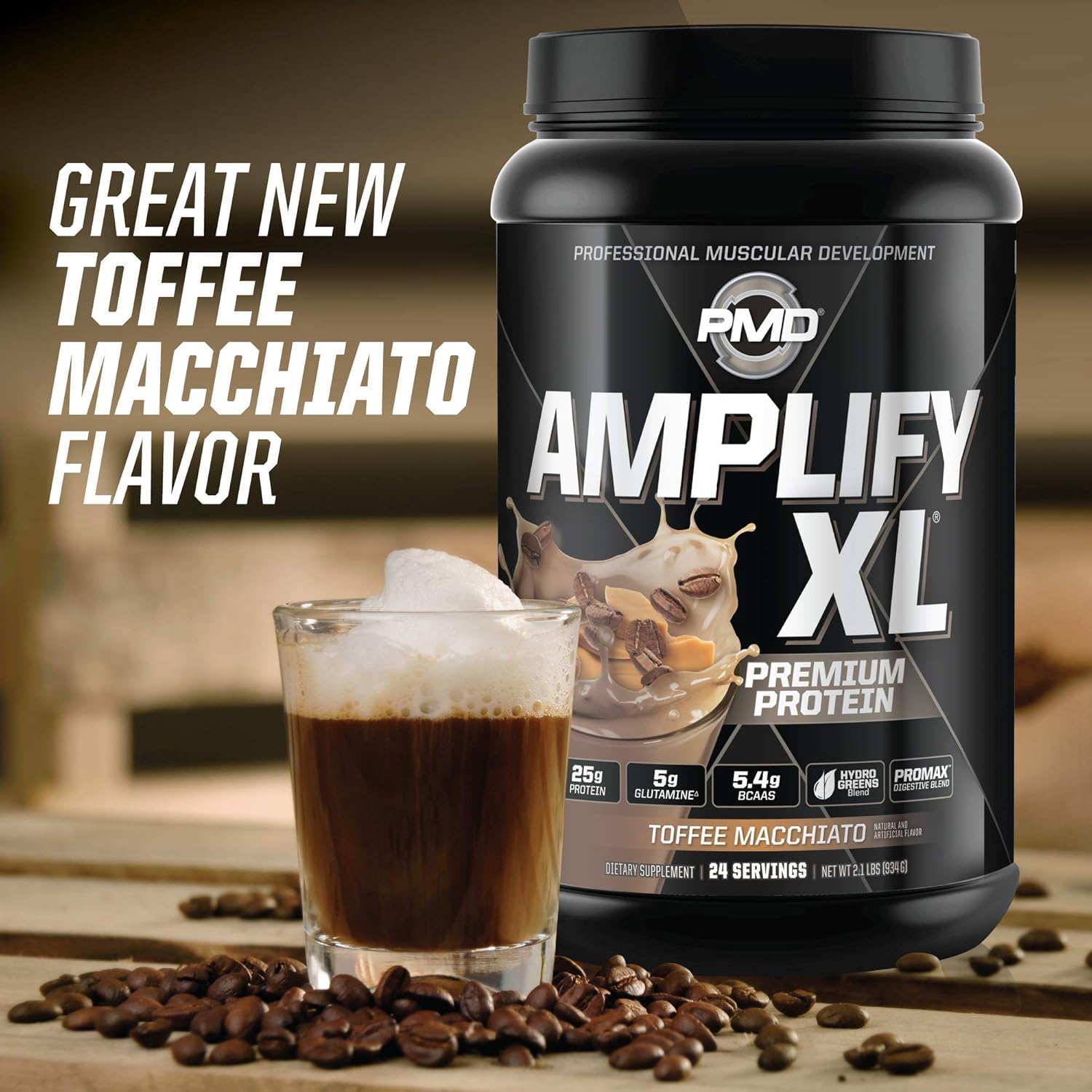 PMD Sports Amplify XL Toffee Macchiato Protein Supplement with Glutamine, Superfoods, and Whey - Muscle Recovery and Strength Support (24 Servings)