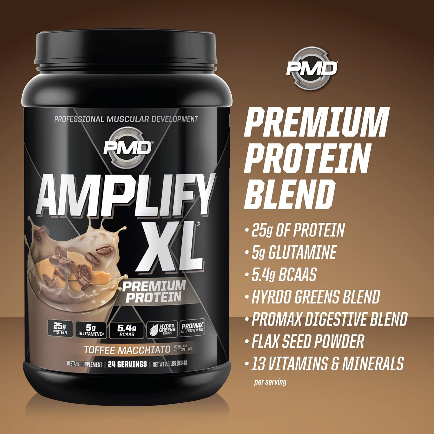 PMD Sports Amplify XL Toffee Macchiato Protein Supplement with Glutamine, Superfoods, and Whey - Muscle Recovery and Strength Support (24 Servings)