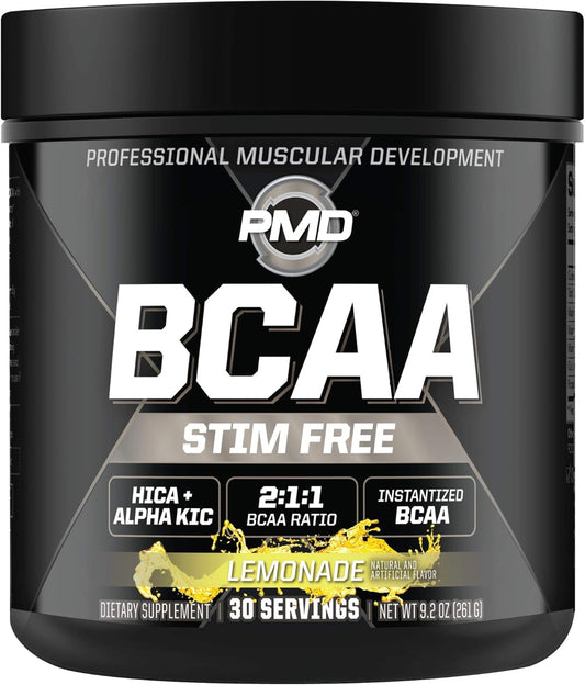 PMD Sports BCAA Amino Acids Powder - Lemonade Flavor, Stim-Free Workout Support, Recovery, Energy, Muscle Building - 30 Servings