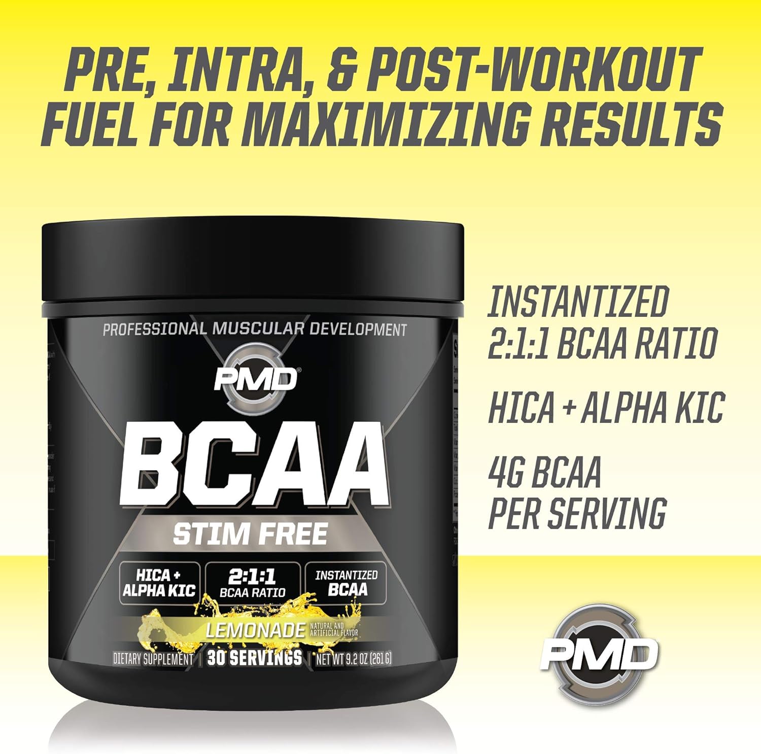 PMD Sports BCAA Amino Acids Powder - Lemonade Flavor, Stim-Free Workout Support, Recovery, Energy, Muscle Building - 30 Servings
