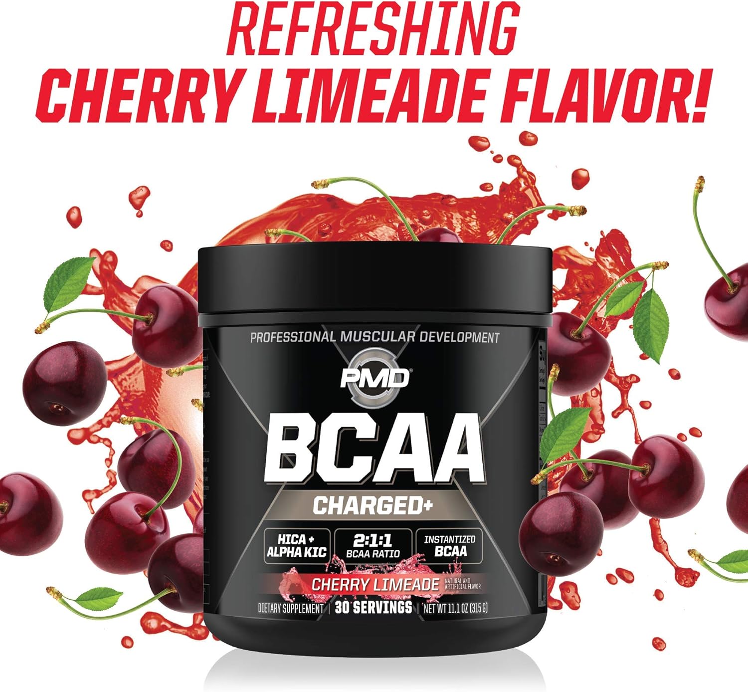 PMD Sports BCAA Charged Amino Acid Drink Mix - Cherry Limeade Flavor for Performance, Recovery, Endurance, and Hydration - Boost Muscle Function and Energy - 30 Servings