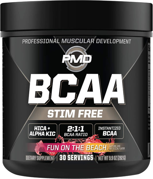 PMD Sports BCAA Powder Drink Mix - Enhanced Workout Performance, Recovery, Energy Boost, Muscle Building - Fun Beach Flavor - 30 Servings