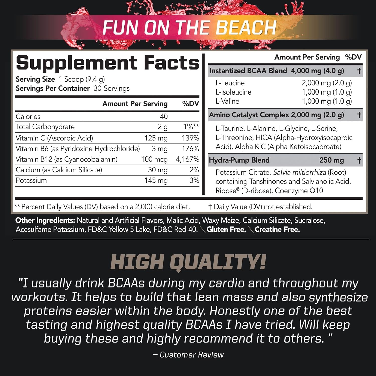 PMD Sports BCAA Powder Drink Mix - Enhanced Workout Performance, Recovery, Energy Boost, Muscle Building - Fun Beach Flavor - 30 Servings