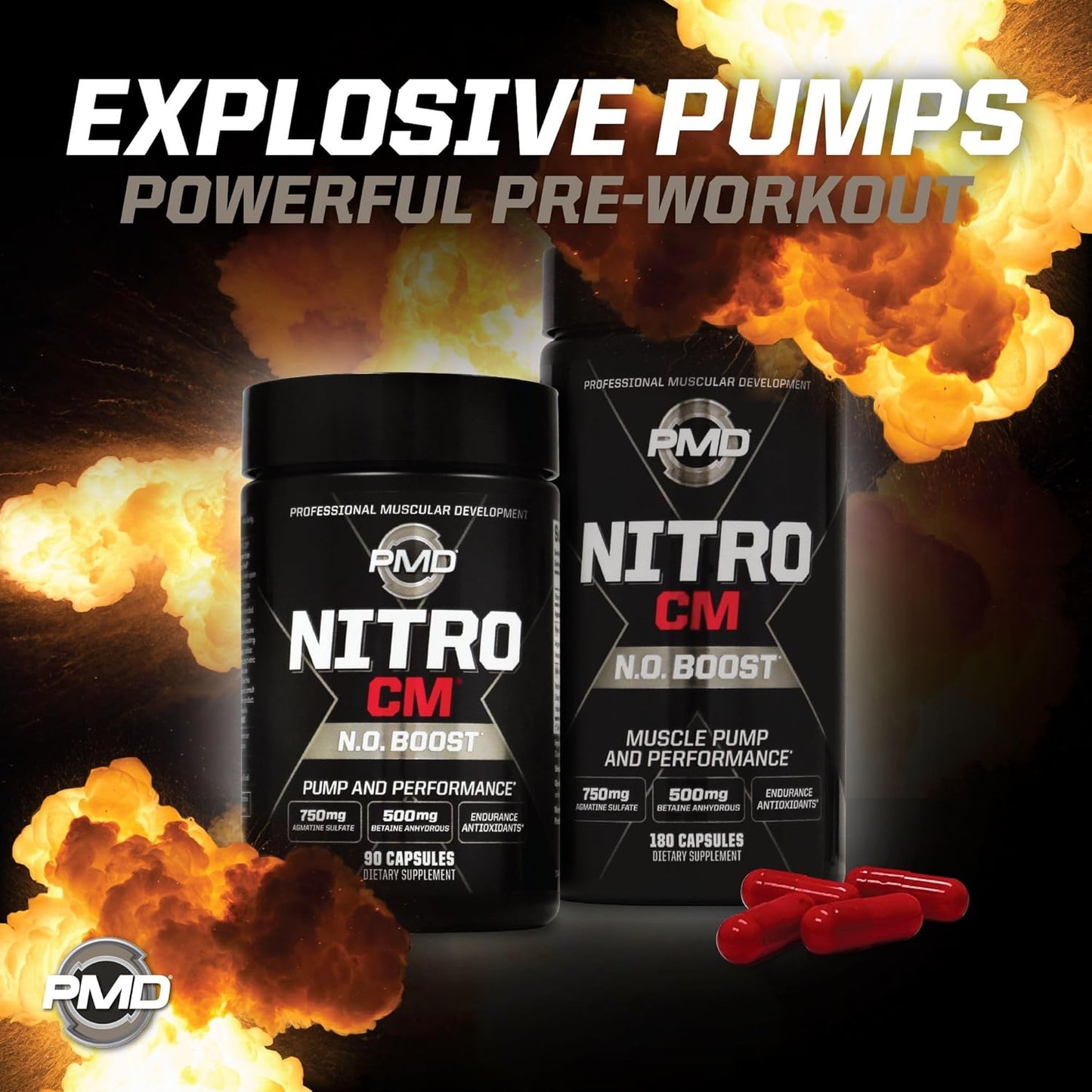 PMD Sports Nitro CM Nitric Oxide & Agmatine Pre Workout Supplement - Muscle Growth & Pump with L-Arginine - Endurance Boost for Training & Bodybuilding - 180 Capsules