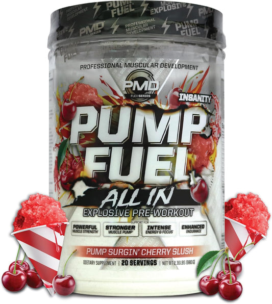 PMD Sports Pump Fuel All in Insanity - Premium Muscle Pump Pre Workout Powder - Surge Cherry Slush (20 Servings)