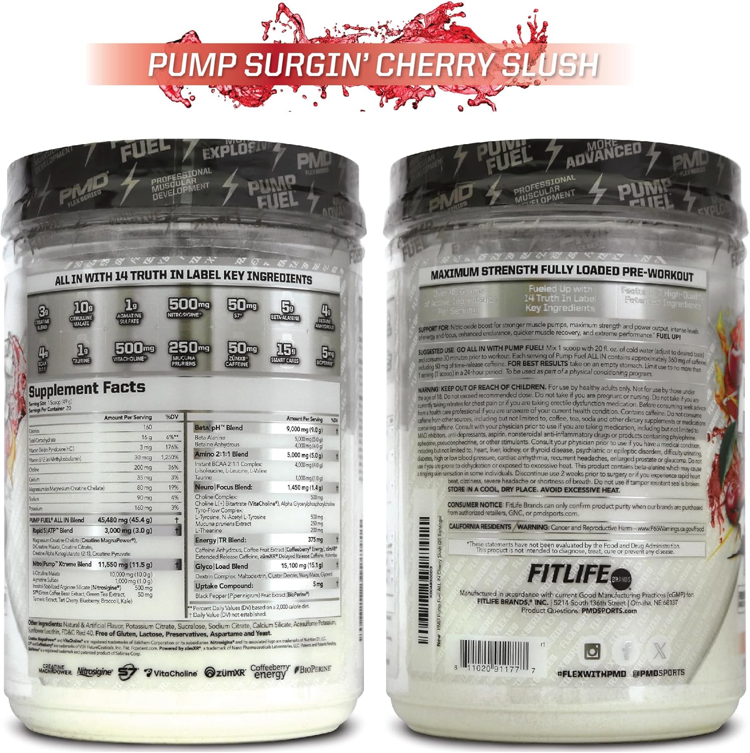 PMD Sports Pump Fuel All in Insanity - Premium Muscle Pump Pre Workout Powder - Surge Cherry Slush (20 Servings)