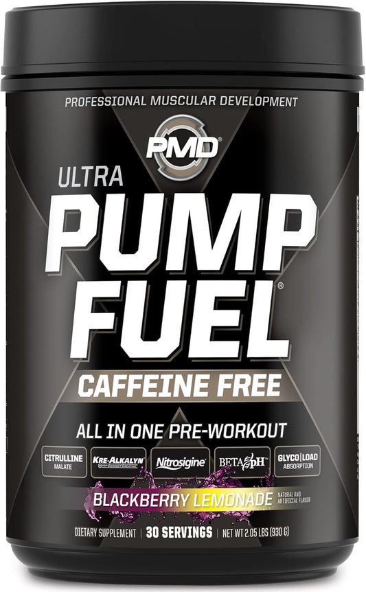 PMD Sports Ultra Pump Fuel Caffeine Free Pre Workout Drink Mix BlackBerry Lemonade - Energy Strength Recovery - 30 Servings