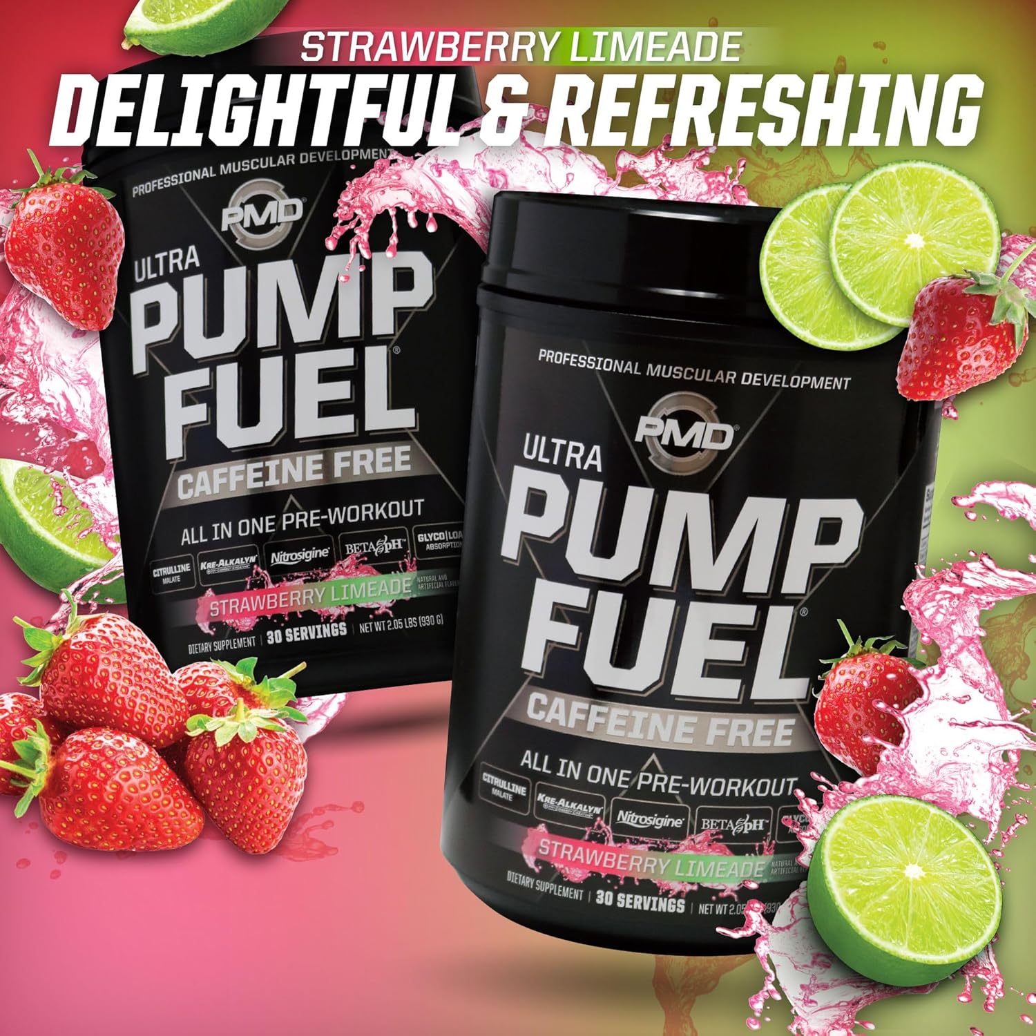 PMD Sports Ultra Pump Fuel Caffeine Free Pre Workout Drink Mix Strawberry Limeade - Energy Strength Endurance Recovery (30 Servings)