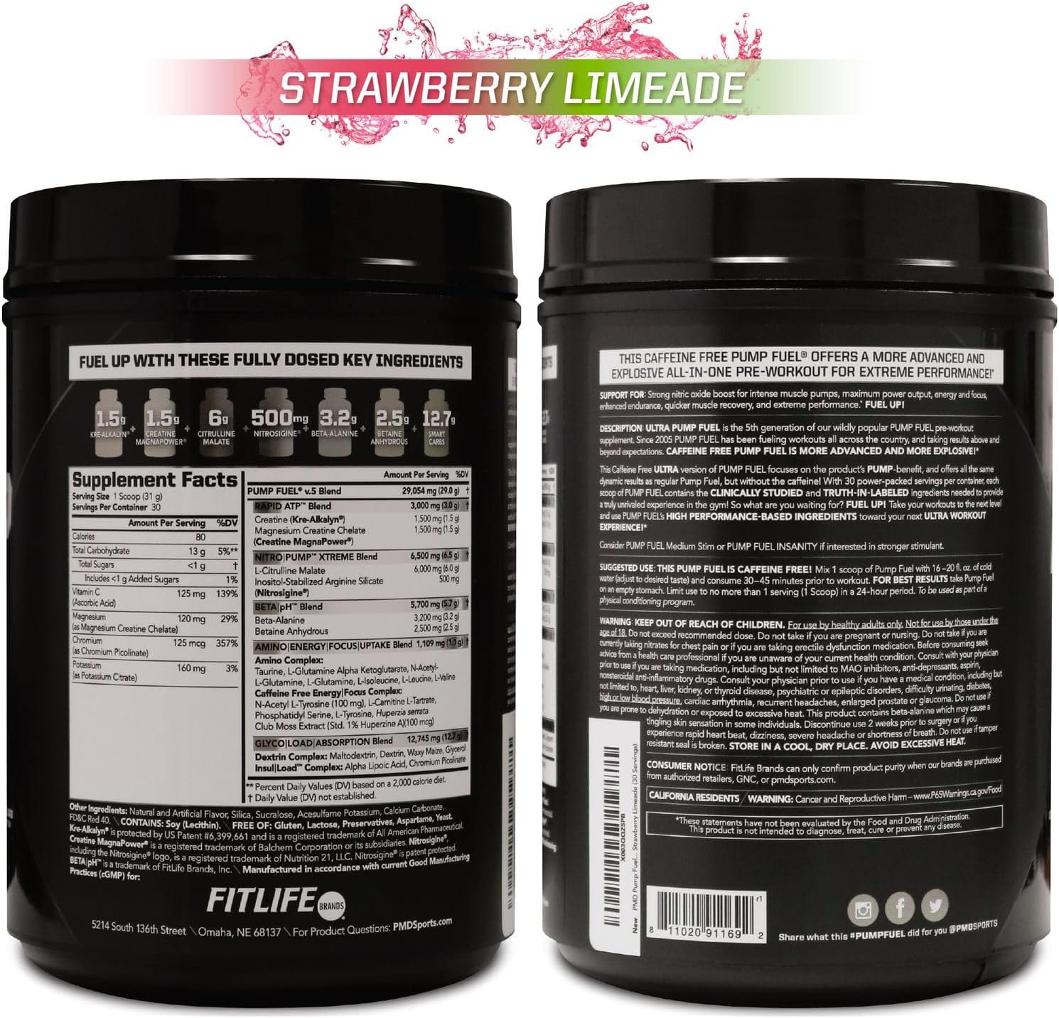 PMD Sports Ultra Pump Fuel Caffeine Free Pre Workout Drink Mix Strawberry Limeade - Energy Strength Endurance Recovery (30 Servings)