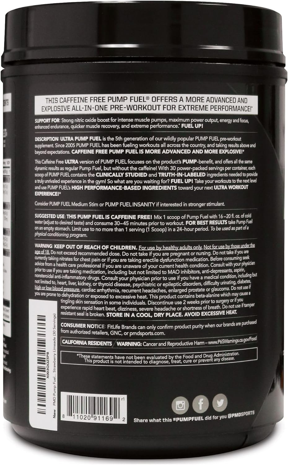 PMD Sports Ultra Pump Fuel Caffeine Free Pre Workout Drink Mix Strawberry Limeade - Energy Strength Endurance Recovery (30 Servings)