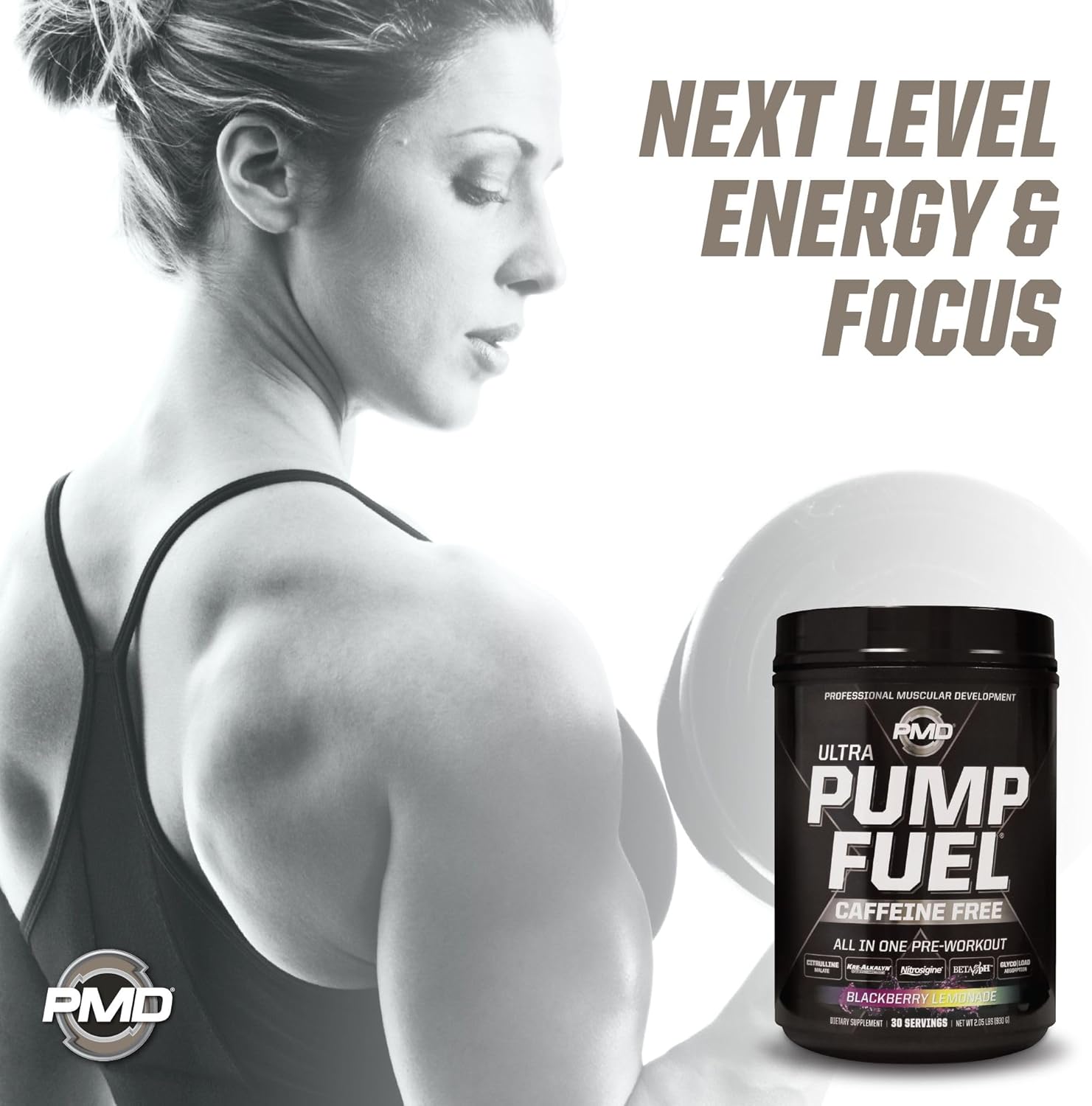 PMD Sports Ultra Pump Fuel Caffeine Free Pre Workout Drink Mix BlackBerry Lemonade - Energy Strength Recovery - 30 Servings
