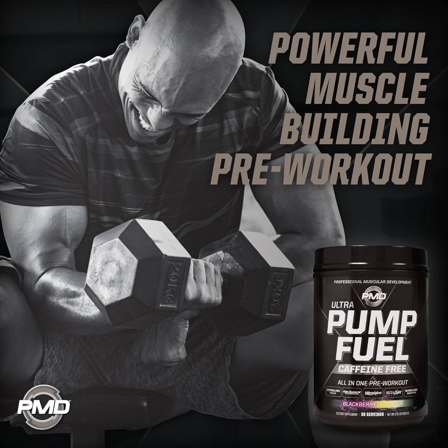 PMD Sports Ultra Pump Fuel Caffeine Free Pre Workout Drink Mix BlackBerry Lemonade - Energy Strength Recovery - 30 Servings
