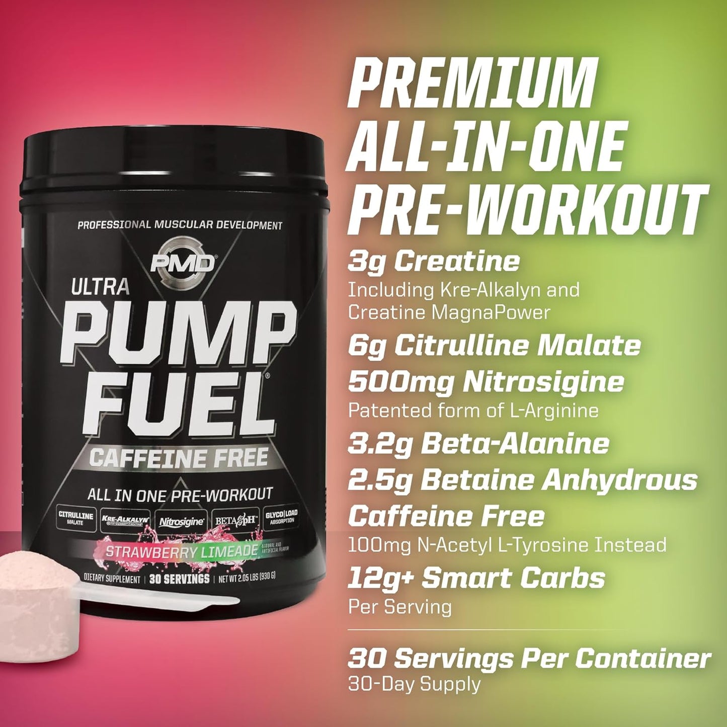 PMD Sports Ultra Pump Fuel Caffeine Free Pre Workout Drink Mix Strawberry Limeade - Energy Strength Endurance Recovery (30 Servings)