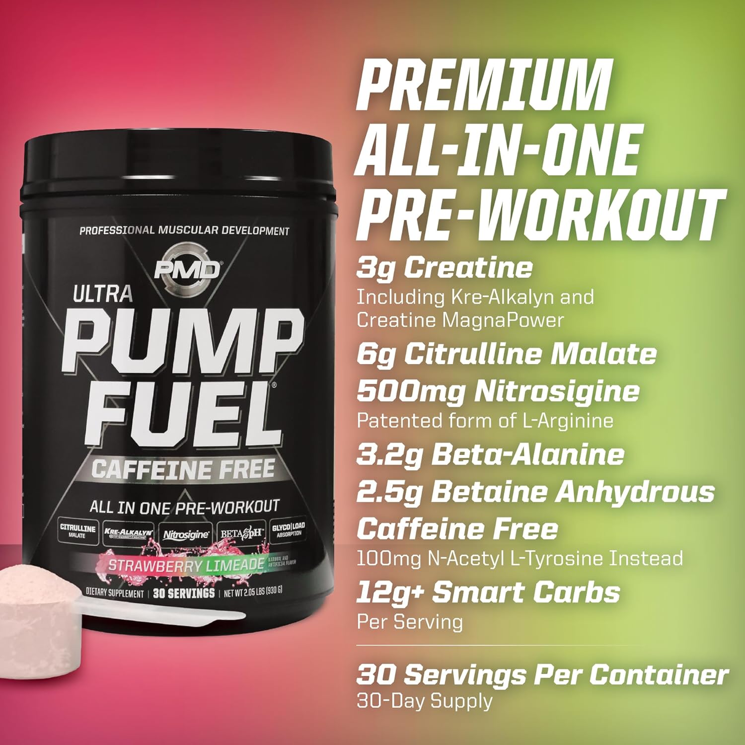 PMD Sports Ultra Pump Fuel Caffeine Free Pre Workout Drink Mix Strawberry Limeade - Energy Strength Endurance Recovery (30 Servings)