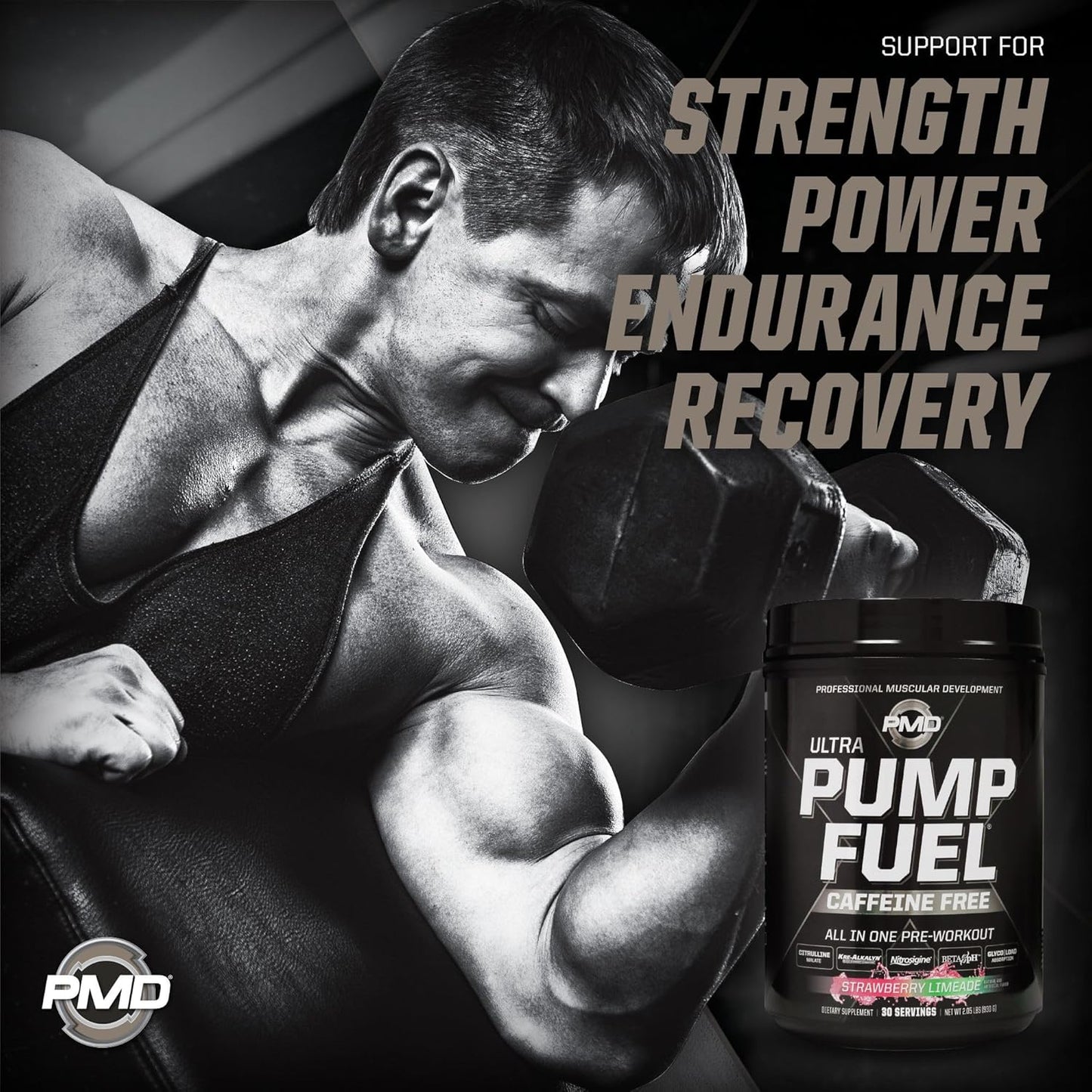 PMD Sports Ultra Pump Fuel Caffeine Free Pre Workout Drink Mix Strawberry Limeade - Energy Strength Endurance Recovery (30 Servings)
