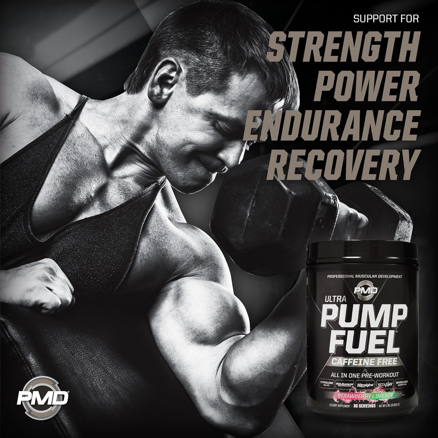 PMD Sports Ultra Pump Fuel Caffeine Free Pre Workout Drink Mix Strawberry Limeade - Energy Strength Endurance Recovery (30 Servings)
